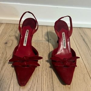 Manolo Blahnik Sandal Heels in Red Suede, Size 39, Fits Size 9